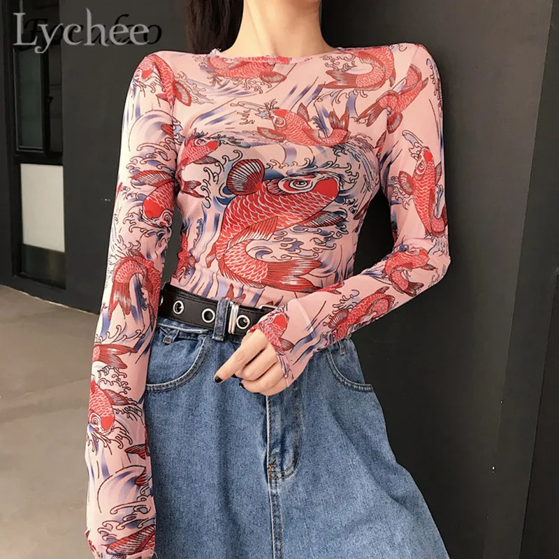 Эластичные облегающие Женские футболки с принтом Lychee Koi, дышащие сетчатые футболки с вырезом лодочкой и длинными рукавами, женские футболки на лето и весну