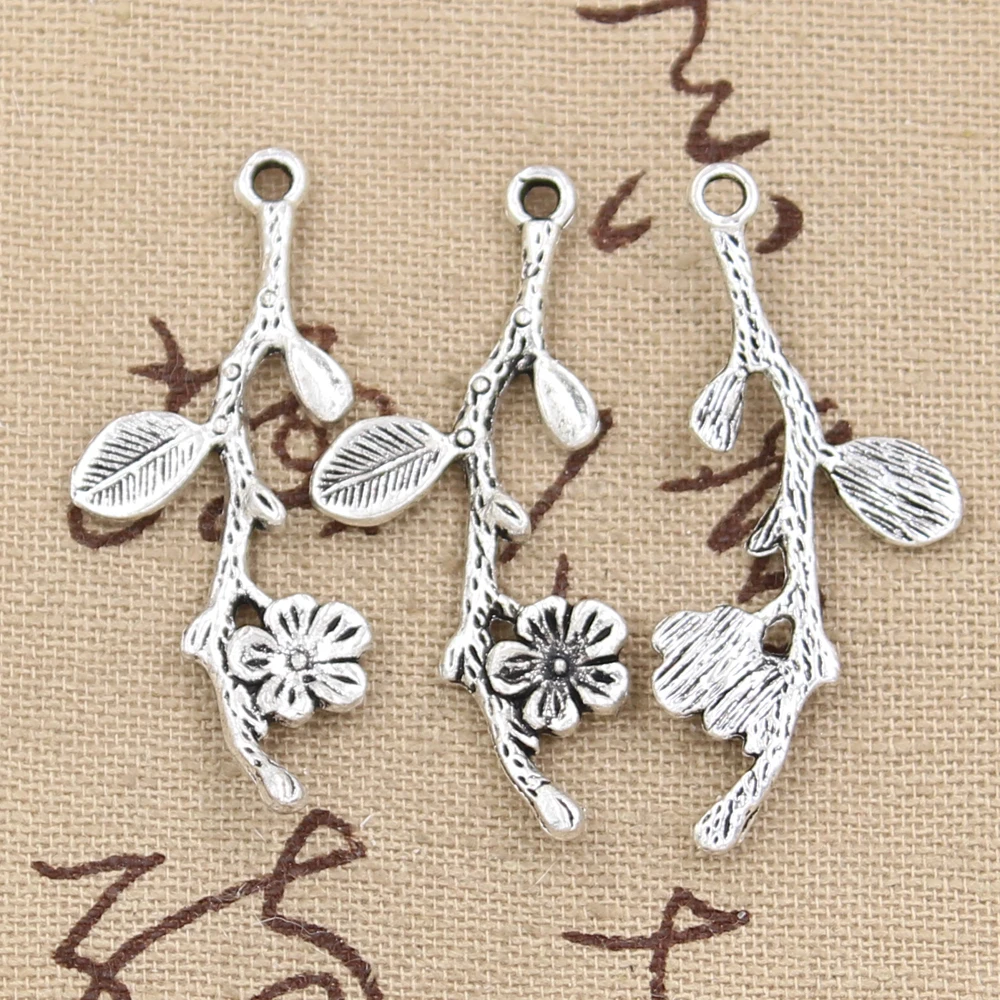 20pcs Charms Branch Cherry Blossom Flower 41x17mm Antique Bronze Silver Color Pendants Making DIY Handmade Tibetan Jewelry