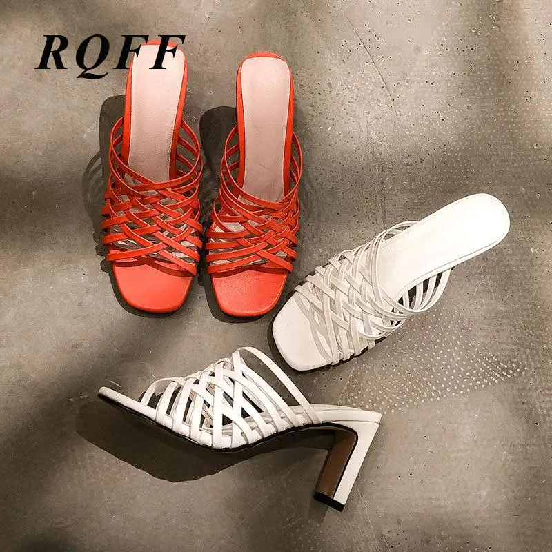 Женские летние шлепанцы на каблуке однотонные ручной работы высоком квадратном