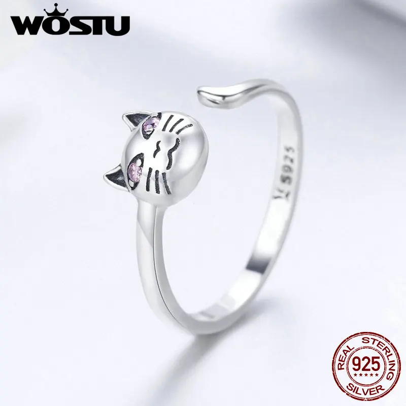 WOSTU Аутентичные 925 стерлингового серебра милый кот открытые кольца на палец для