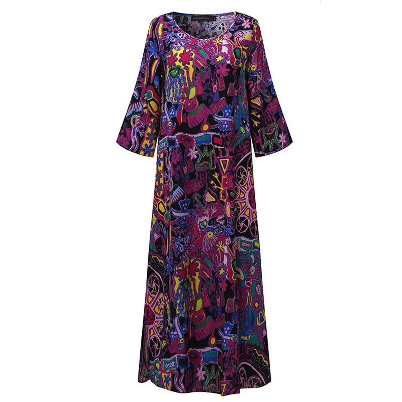 Женское платье Летнее свободное с круглым вырезом 3/4 рукав Ретро печатное