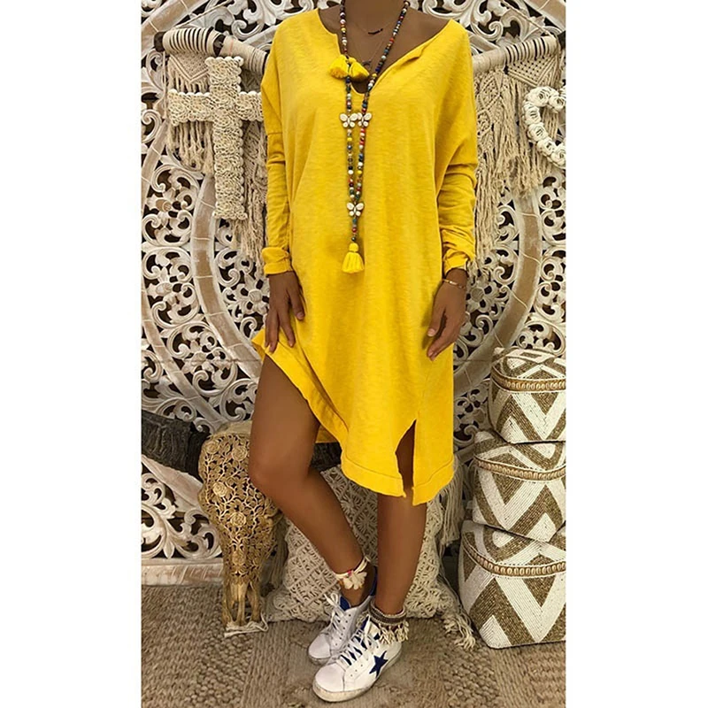 Новое повседневное свободное однотонное платье с v образным вырезом Осеннее