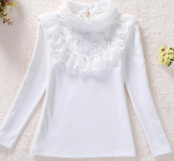 white 7 pearls shirt Г. Блузка для девочек, рубашки школьная форма для девочек-подростков, Одежда Блузки для девочек топы для детей, хлопковая кружевная рубашка с длинными рукавами для детей - Цвет: white 7 pearls shirt