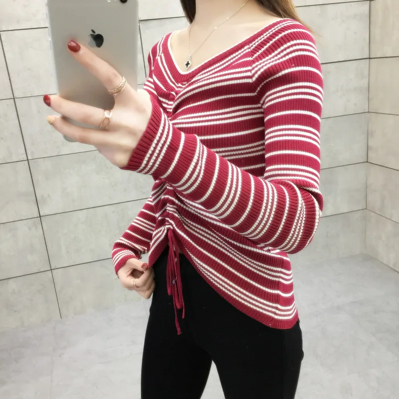 Sweater Women Autumn New Fashion Lady Loose Striped Knitted V-neck Pullover Bandage Elastic | Женская одежда