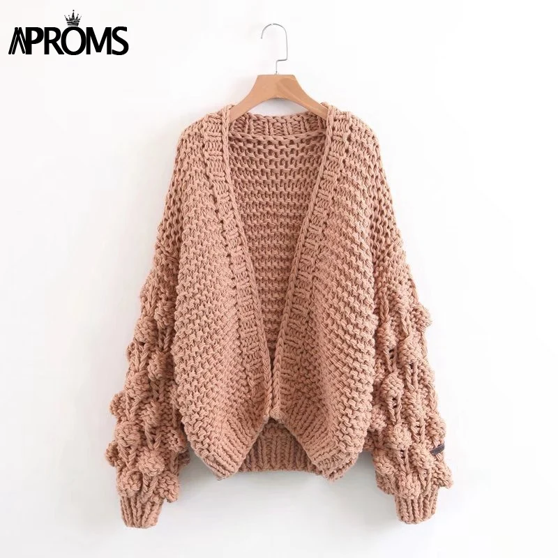 Aproms, женские кардиганы с помпонами, Зимний вязаный свитер ручной работы, осень, толстая вязаная Повседневная Верхняя одежда с рукавами-фонариками, теплые пальто