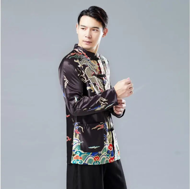 Long Sleeve Traditional Chinese Clothes Tang Suit Top Spring Summer Men Silk Embroidery Dragon Jacket Coat for Overseas | Тематическая