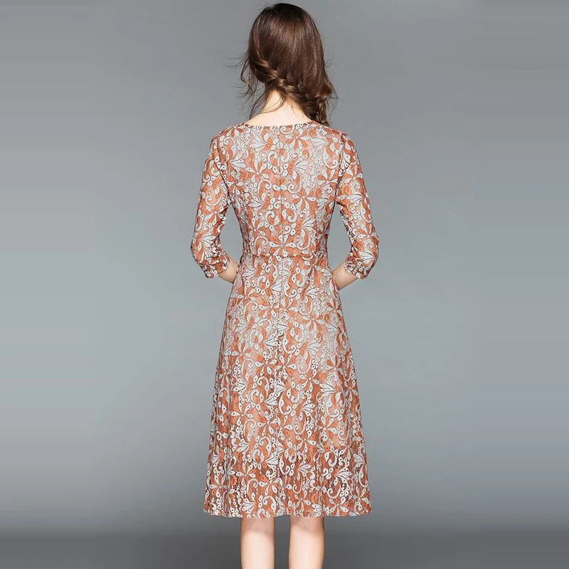 Hollow Out Long Summer Dress Women Waist Tie Mid Calf Lace Elegant 2018 Autumn V Neck Female Vestidos de fiesta | Женская одежда