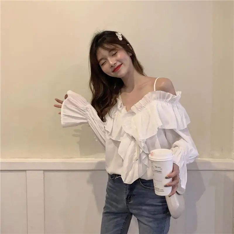 Yfashion Summer Girl Shirts Flounce Off Shoulder blouse women Fashion lady pullover Halter long sleeve V-neck Shirt blouses fema |