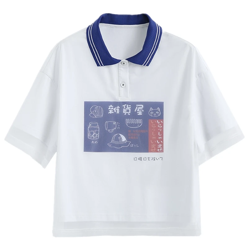 Japanese Kawaii Printed Women T Shirt Cute Graphic Short Sleeve Girls Tops Femme Tee Vintage Cartoon Cat Mesh White Tshirt | Женская