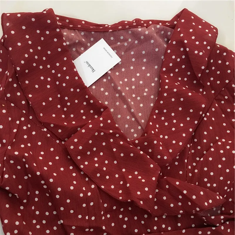 2018 галстуки в талии с расклешенными рукавами рубашка горошек женская блузка