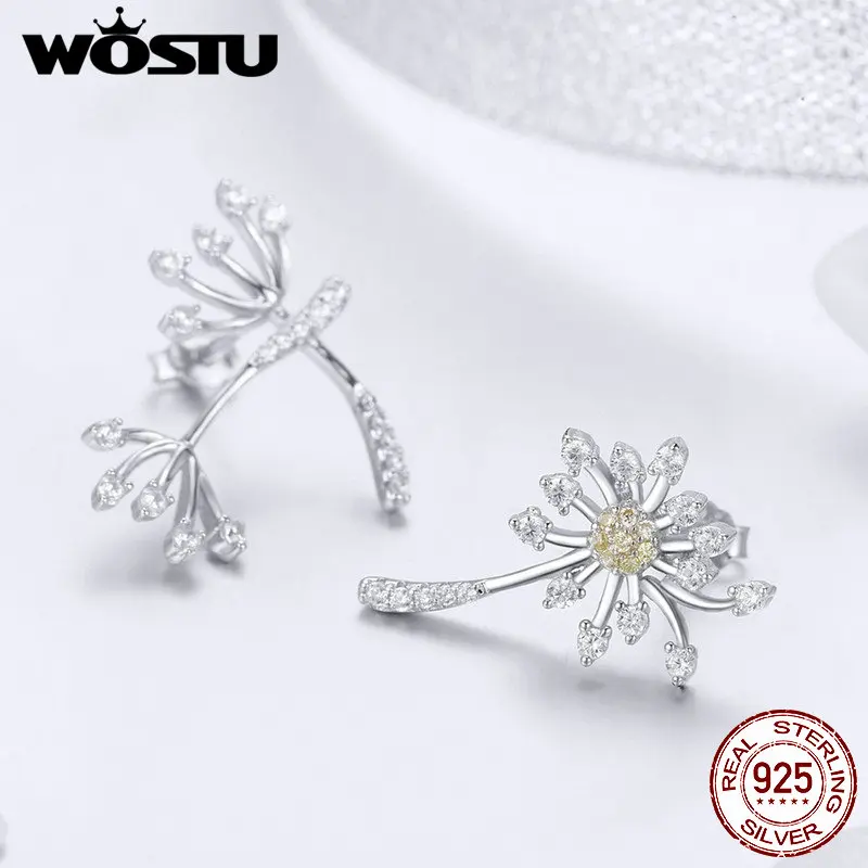WOSTU Лидер продаж 100% 925 стерлингового серебра полет одуванчиков серьги со шпилькой