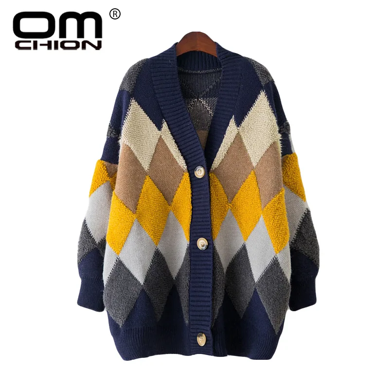 OMCHION Casaco Feminino 2018 Autumn Winter V Neck Long Cardigan Women Casual Loose Thick Argle Patchwork Sweater Jumper QS74 |