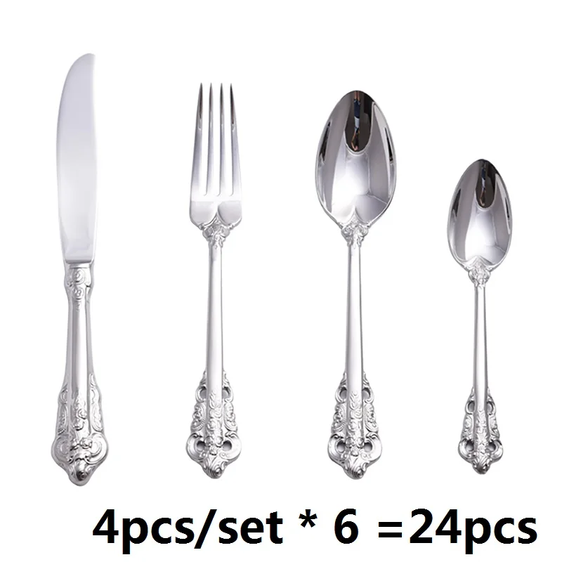 24pcs 6 set 24 шт. винтажная серебряная посуда набор свадьба; вечеринка нож чайная ложка 18/10 из нержавеющей стали рождественские столовые приборы Ретро столовые приборы - Цвет: 24pcs 6 set
