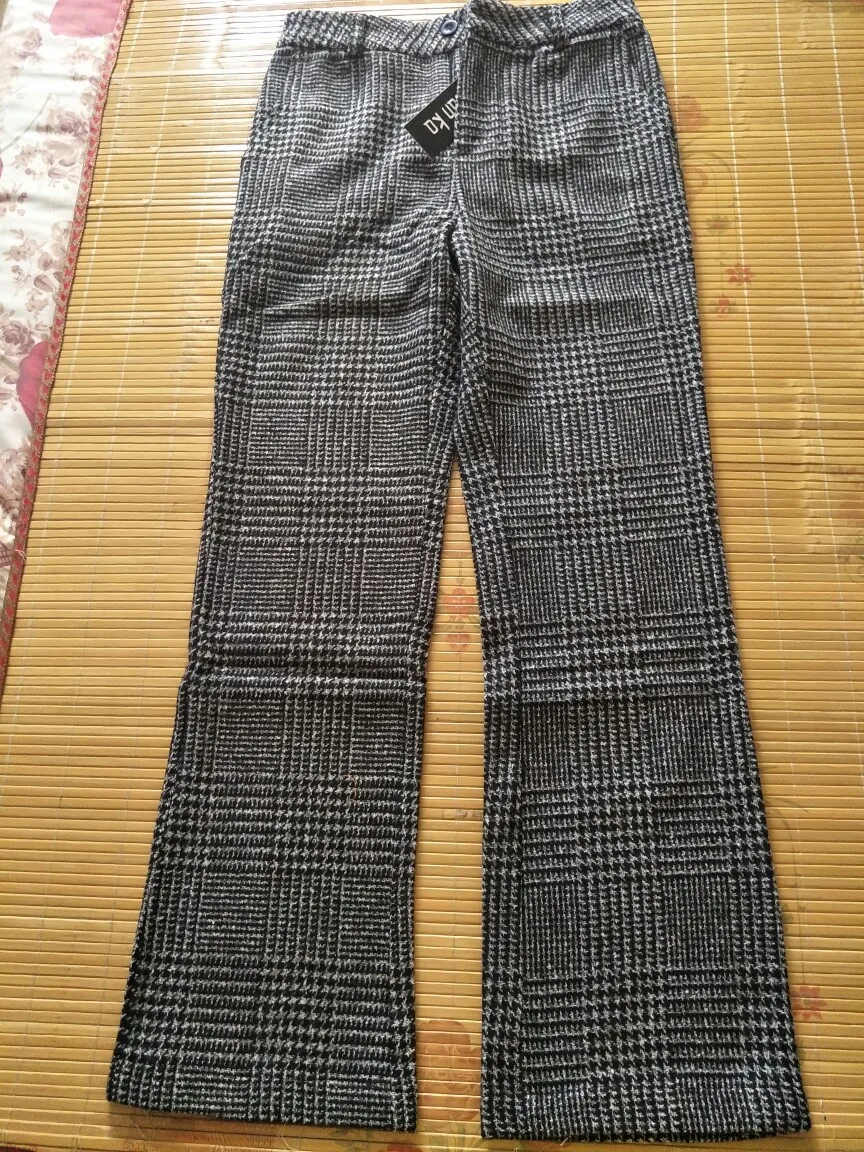 Women Winter Wide Leg Wool Pants All-Match High Waist Plus Size Plaid Trousers Zip-Up Long Pants