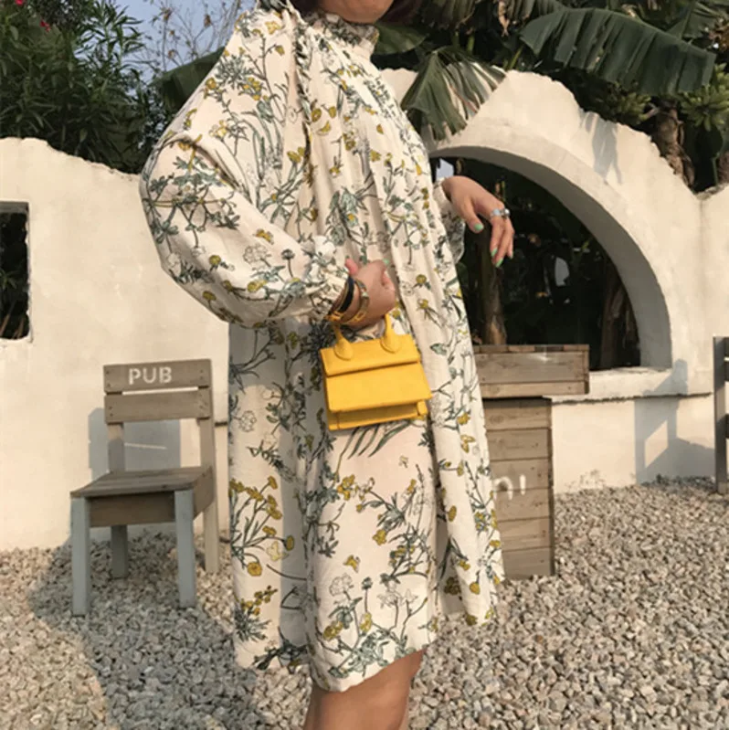 DEAT2020 summer new fashion clothes Vintage Turtleneck High quality printing Ruffles loose dress Casual feminina dresses QJ224 | Женская