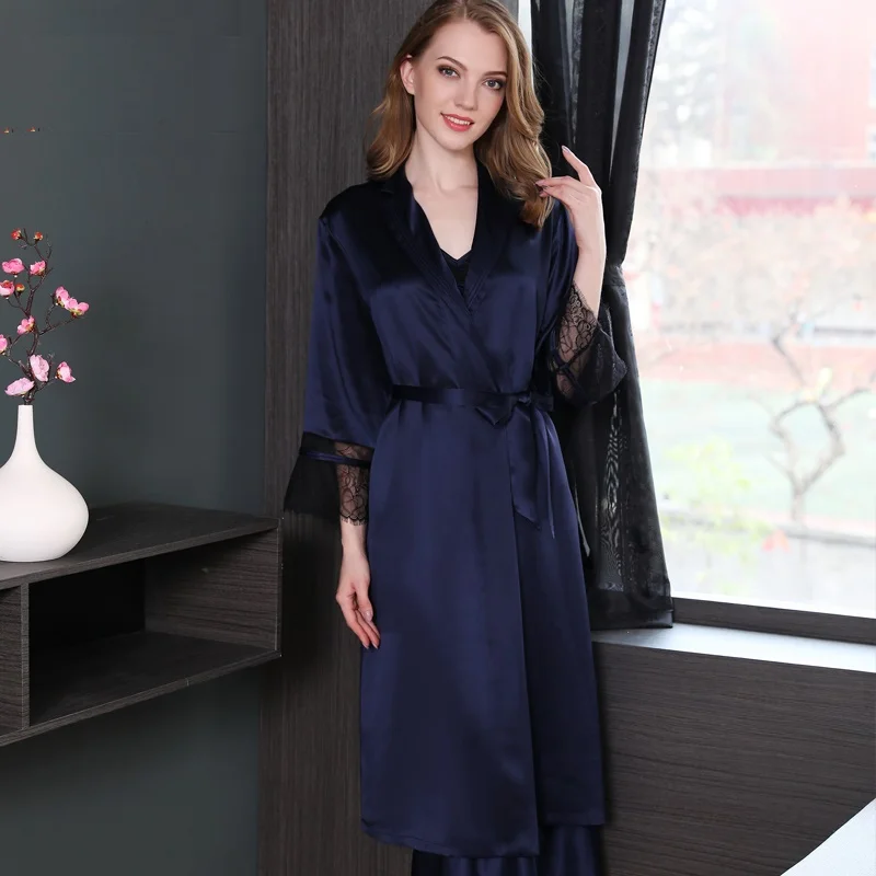 

Женские шелковые пятна robes2019, женские шелковые летние и весенние Лоскутные синие кружева с длинным рукавом, 100%, пижамы, домашняя одежда для о...