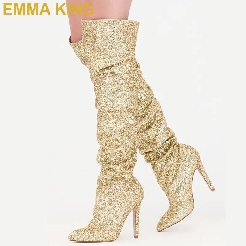 

Fashion Gold Glitter Women Sparkly Thigh High Boots Sexy Pointed Toe High Heels Over the Knee Boots Lady Shoes Bling Long Botas