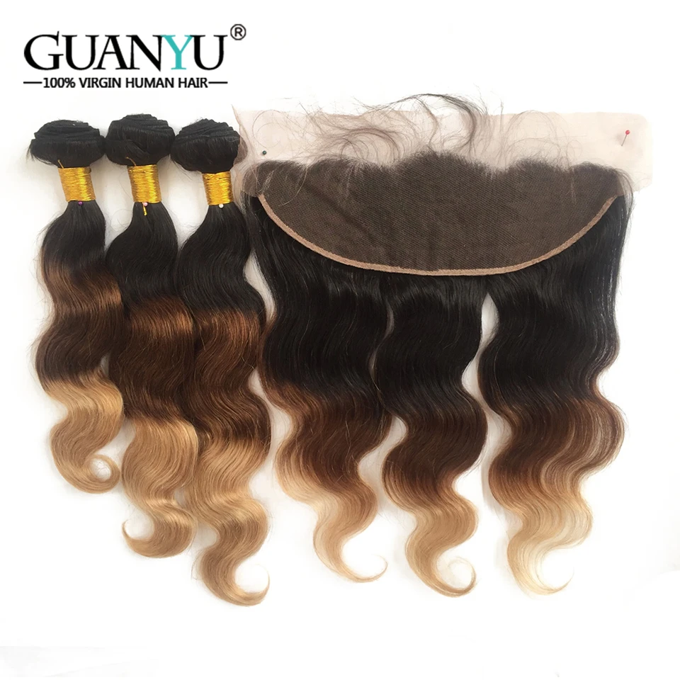 Guanyuhair 3 Bundles 1b/4/27 Ombre Peruvian Body Wave Human Hair Bundle With Frontal Closure Remy Honey Blonde Weave | Шиньоны и парики