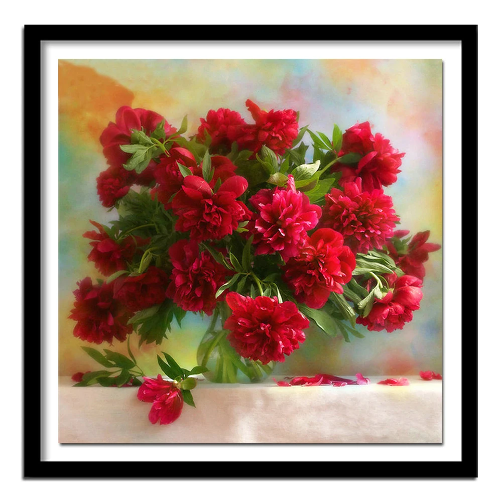 DIY красный пион цветок Алмазная вышивка картина цветочный полный круглый