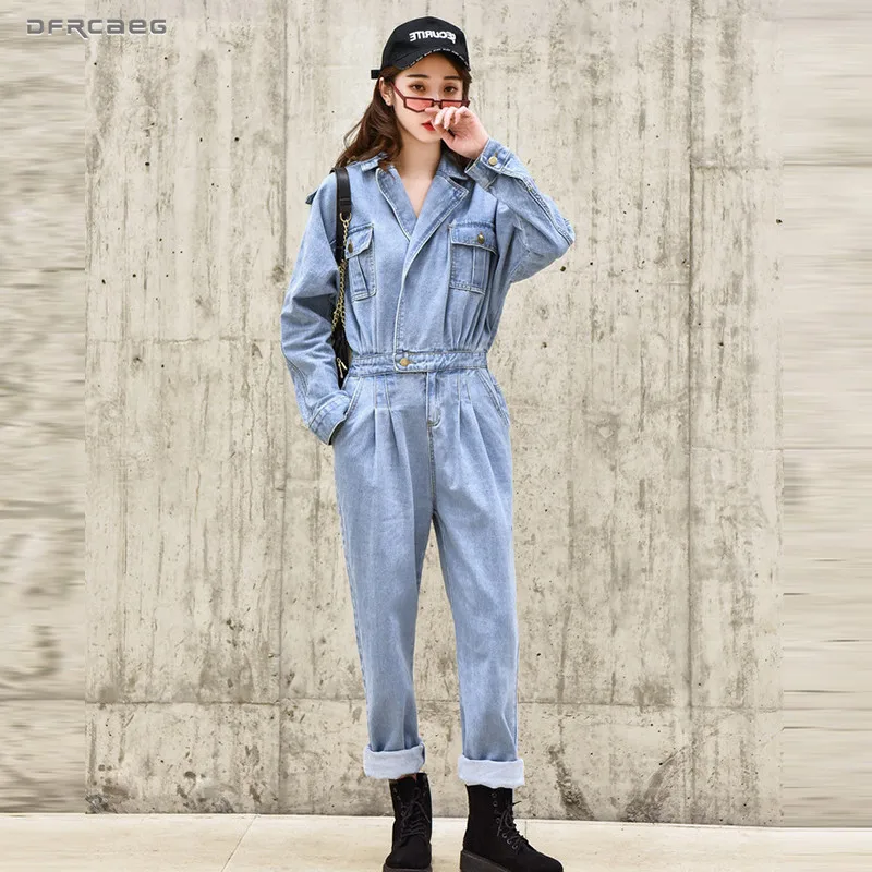 Blue Elegant BF Streetwear Women Denim jumpsuit Pants 2019 Autumn Long Sleeve High Waist Retro Jeans Overalls Rompers Female