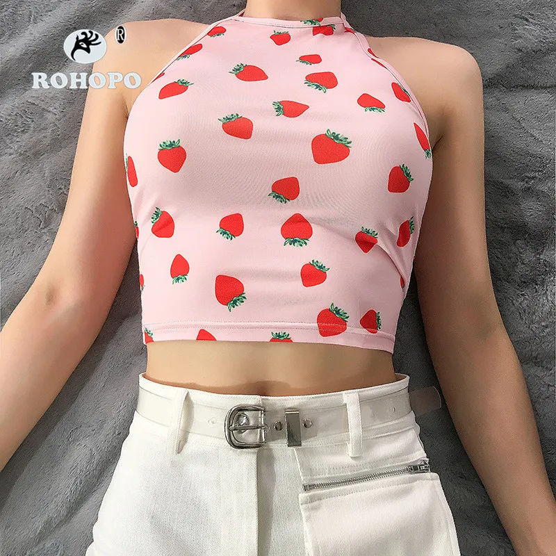 ROHOPO розовый милый топ без рукавов с завязками на шее Клубничная Мода для веганов
