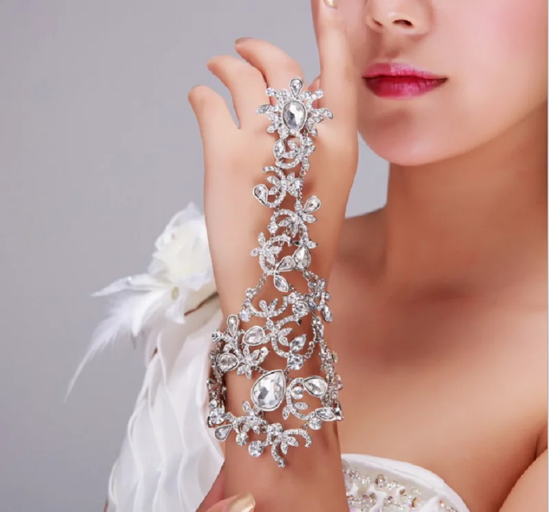 Bling Fingerless Crystal Flower Bridal Hand Chain Women Dancing Bracelet &amp Bangles Jewelry Wedding Accessories | Свадьбы и