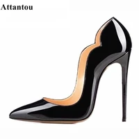 attantou black stiletto high heel pumps patent leather high heels slip on pumps women sexy pointy thin heel party wedding shoes