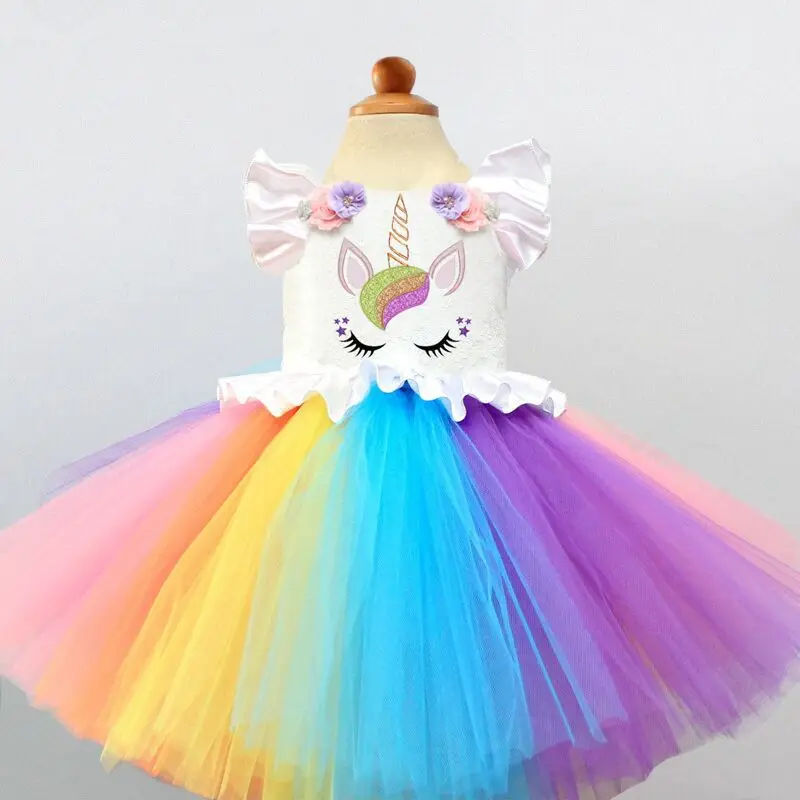 Fancy Unicorn Dress For Girls Baby 1 Year Birthday Party Girl Frock Rainbow Kid Costume Kids Formal Wear 2 6T |