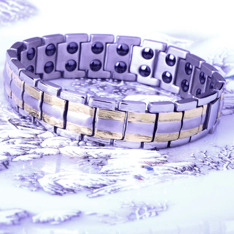 Оловянный золотой серебристый классический профильный магнитный браслет для мужчин из нержавеющей стали с общим здоровьем и привлекательностью кровяного давления.