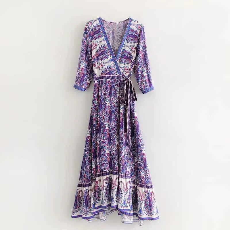 Женское пляжное платье с v-образным вырезом Boho винтажное длинное поясом и