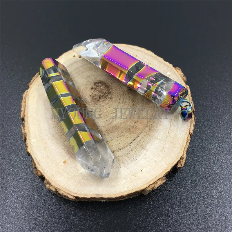 MY0793 необработанный Кристальный кварц титановая Радужная подвеска в форме столба