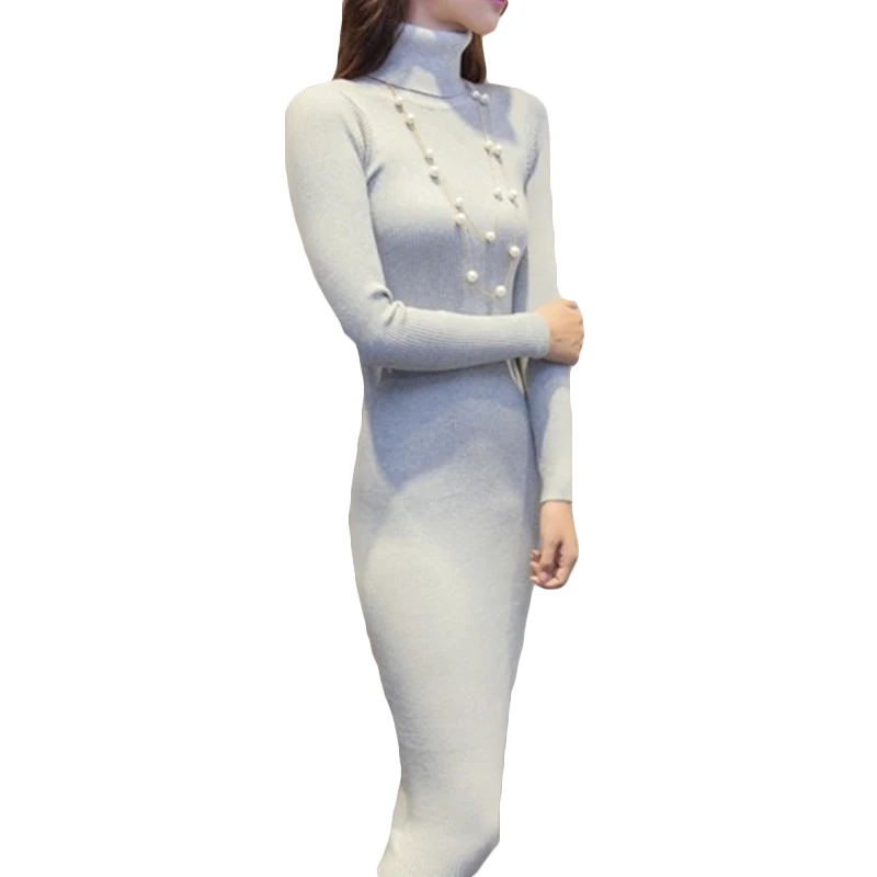 Женское трикотажное платье-свитер с высоким воротником на осень/зиму | Женская