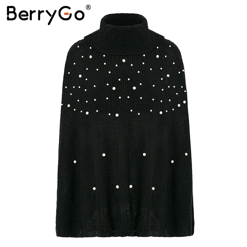Женский вязаный свитер BerryGo элегантный жемчужный плащ-водолазка с бусинами