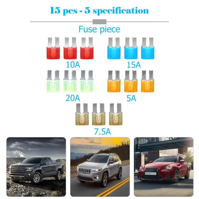 15 шт. Micro2 предохранители 5A 7.5A 10A 15A 20A Авто Лезвие Предохранитель Ассортимент Комплект Замена для авто транспортных средств