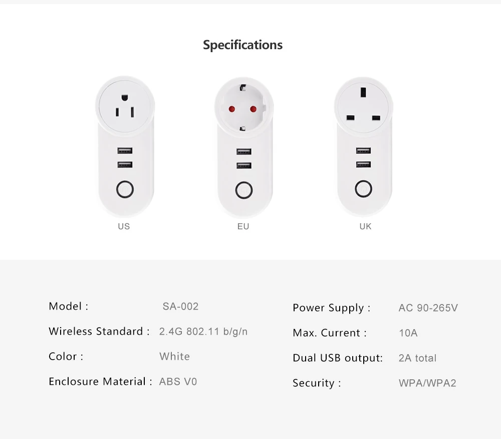 Умная розетка Wi-Fi, SA-002 розетка, дистанционное управление, двойной usb-разъем, таймер, домашняя силовая полоса для Amazon Alexa IFTTT, розетка для США, Великобритании, ЕС