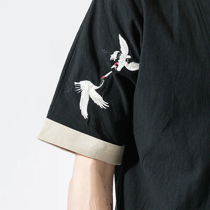 

#4214 Summer Plus Size Jacket For Men 4XL 5XL Vintage Kimono Jacket Male Cardigan Embroidery Crane Chinese Style Cotton Linen