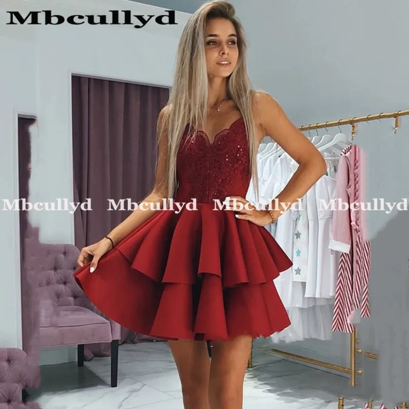 Pictures color Mbcullyd платья для выпускного вечера Короткие атласные платья с аппликацией для девочек простые красные вечерние платья с v-образным вырезом для выпускного вечера - Цвет: Pictures color