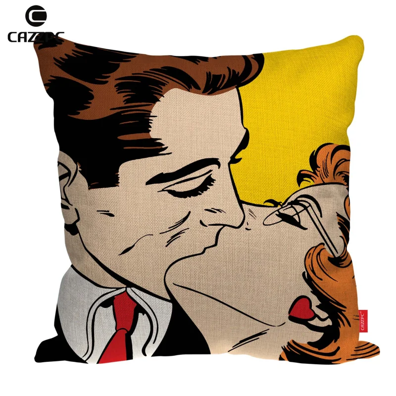 Красный желтый синий поцелуй комикс любовь рисунок в стиле поп арт льняной