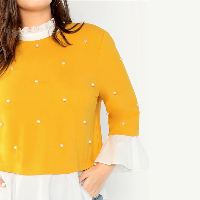SHEIN Плюс Размеры Отделкой Оборкаой Блузка С Бисерами Элегантный Топ С Воланами С Жемчугом На Пуговицах