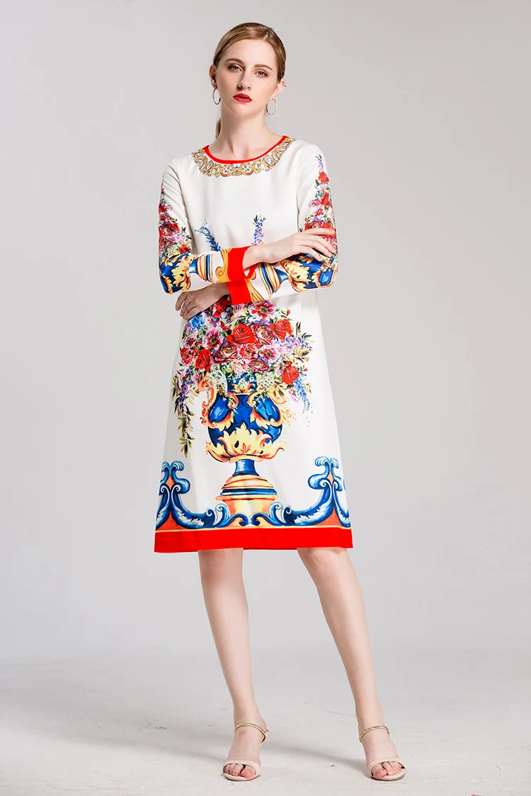 New Arrival 2018 Women's O Neck Long Sleeves Floral Printed Elegant Straight Fashion Dresses | Женская одежда