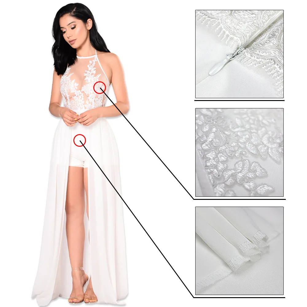 2017 летние Для женщин Комбинезоны для Белый Синий Холтер рукавов сетки кружева