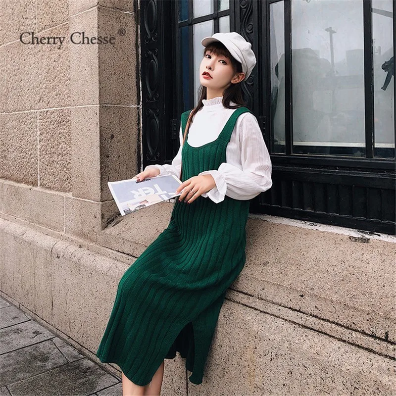Cherry вое женское трикотажное платье в Харадзюку однотонным ремешком и разрезом до