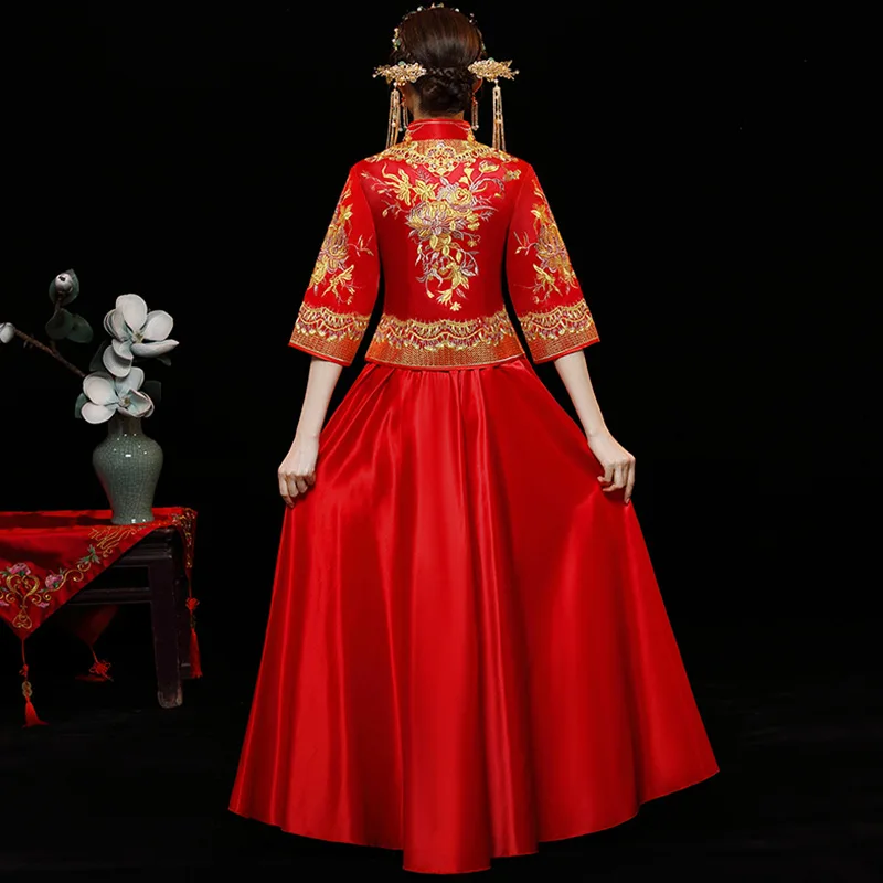 Красное модное благородное Ретро китайское женское платье Ципао для невесты