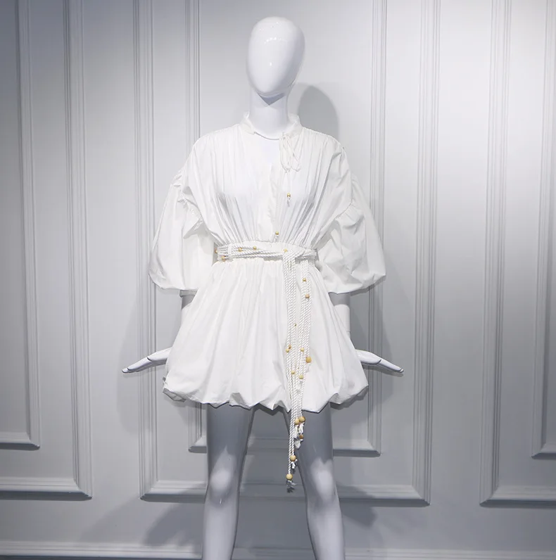 Women Cotton White Dress 2019 Spring Runway Half Lantern Sleeve Tunic Party Tassel Sashes Elegant Casual Gown Mini | Женская одежда
