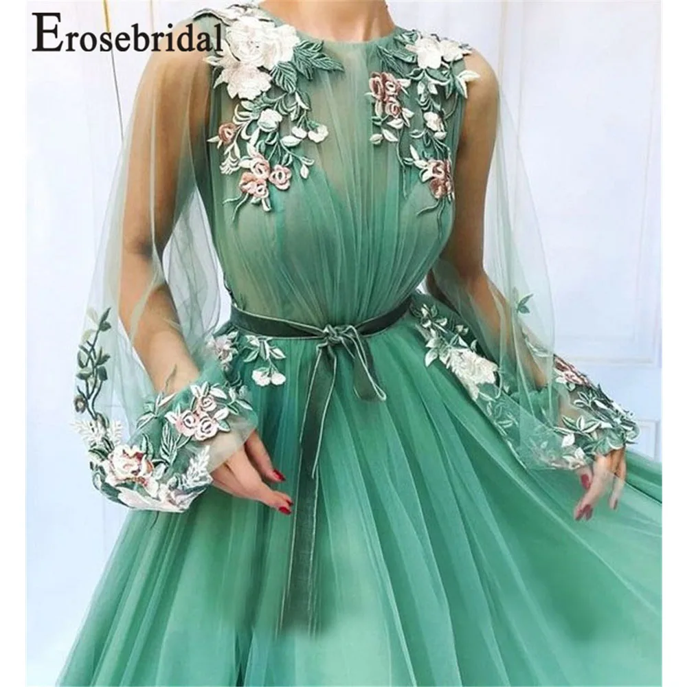 Erosebridal зеленое с длинным рукавом платье трапециевидной формы цветочным рисунком