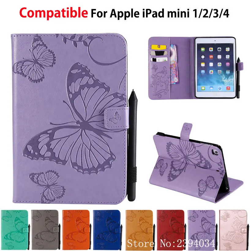 Чехол для Funda iPad Mini 1 2 3 4 7," чехол с тиснением бабочки из искусственной кожи чехол-подставка с функцией автоматического пробуждения/спящего режима