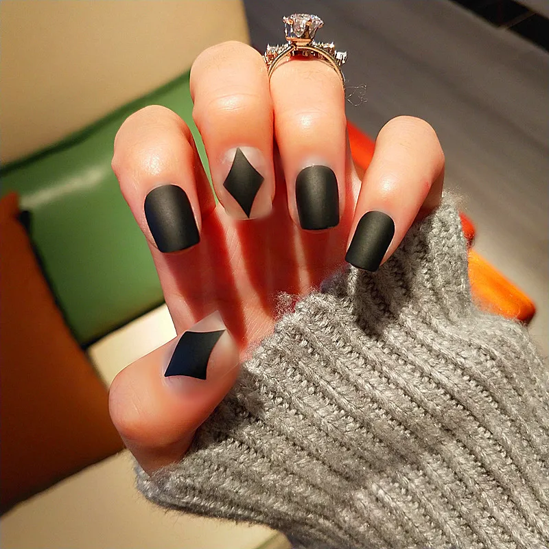24pcs/Set Matte Black Artificial Coffin Nails Ladies Nail Art Decoration Full Cover False Tips with Glue Long Fake Nails! | Красота и