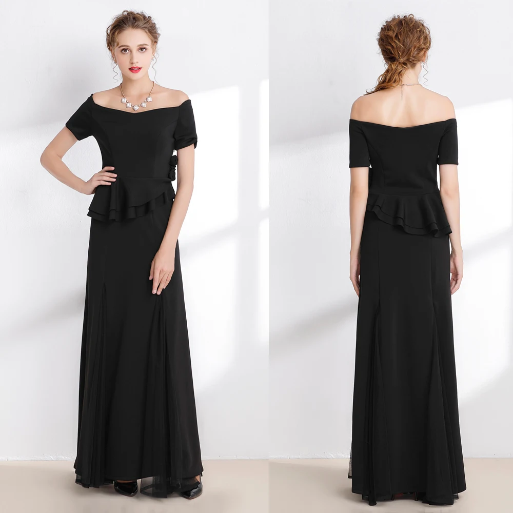 

B0053 New Black spandex tulle mermaid Boat Neck hand-made flower Ruffles Prom Maxi Ball Formal Gown Women Long Dress A-Line