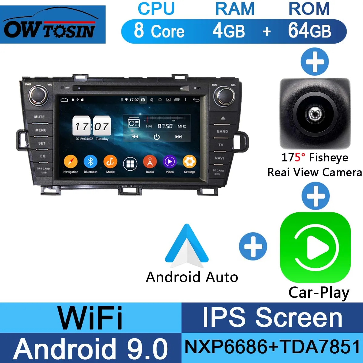 Fisheye Carplay n A " ips Восьмиядерный 4 Гб ram+ 64 Гб rom Android 9,0 автомобильный DVD радио gps для Toyota Prius 2009- DSP CarPlay Parrot BT стерео Adas плеер - Цвет: Fisheye Carplay n A