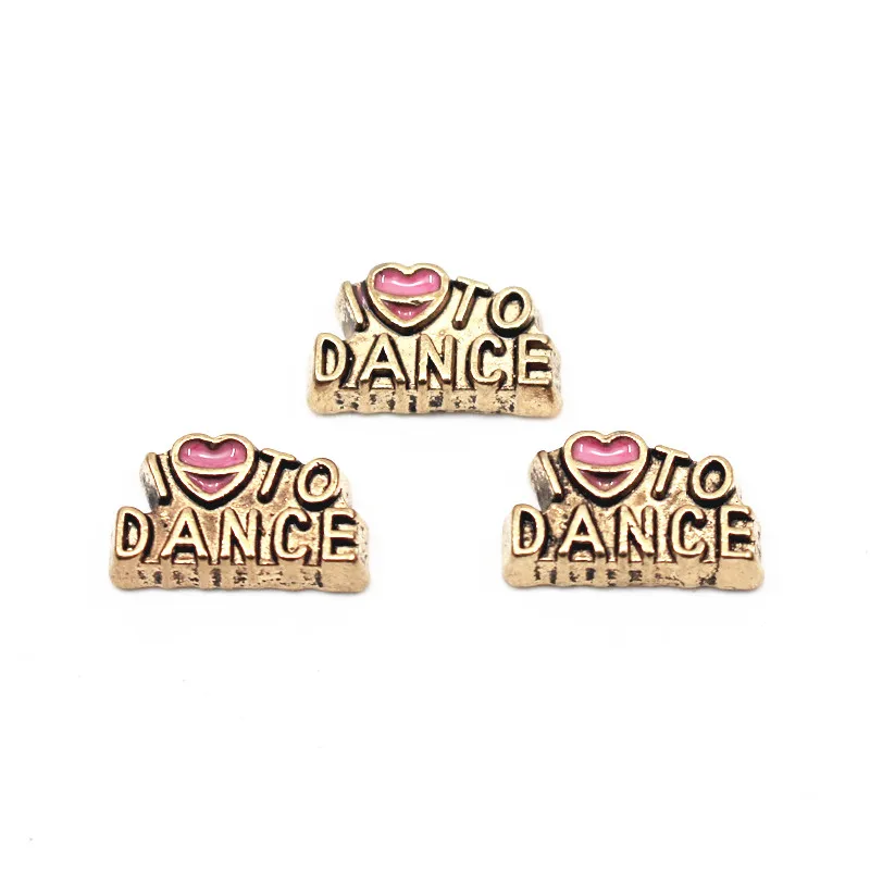 

10pcs/lot Metal Gold Enamel I Love To Dance Floating Charms For Living Glass Floating Lockets Women Necklace DIY Jewelry